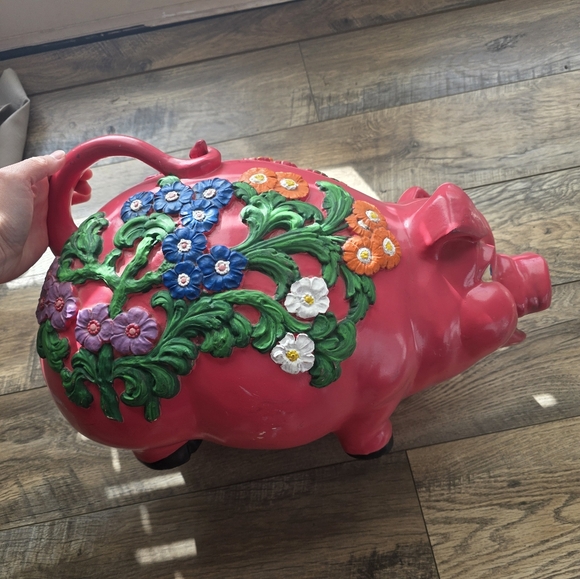 Vintage 1976 Universal Statuary Corp. large Pink plastic floral piggy bank.